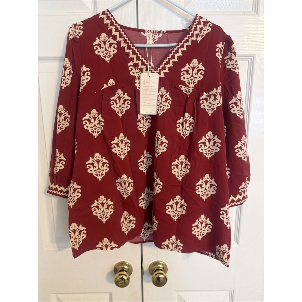 Shewin boho 3/4 Sleeve Peasant Boho Top NWT Burgundy Large